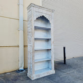 Indian Hand Carved Mehrab Solid Hard Wood White Wash Bookshelf 96x38x240Cm